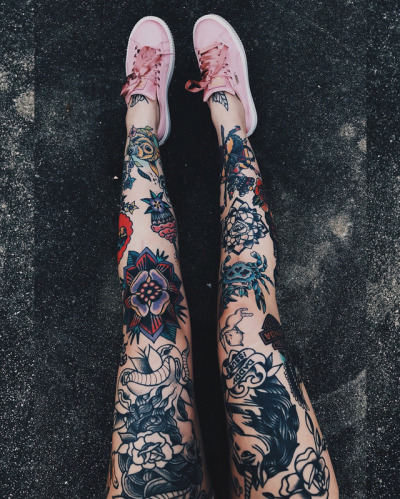 Girl with full leg tattoo