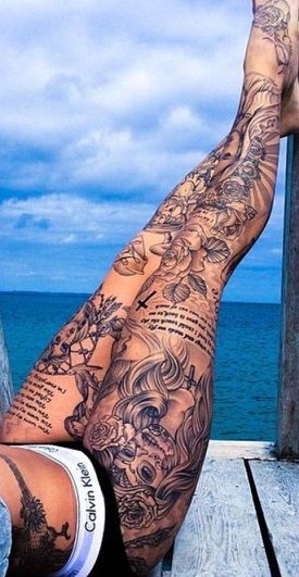 Girl with full leg tattoo