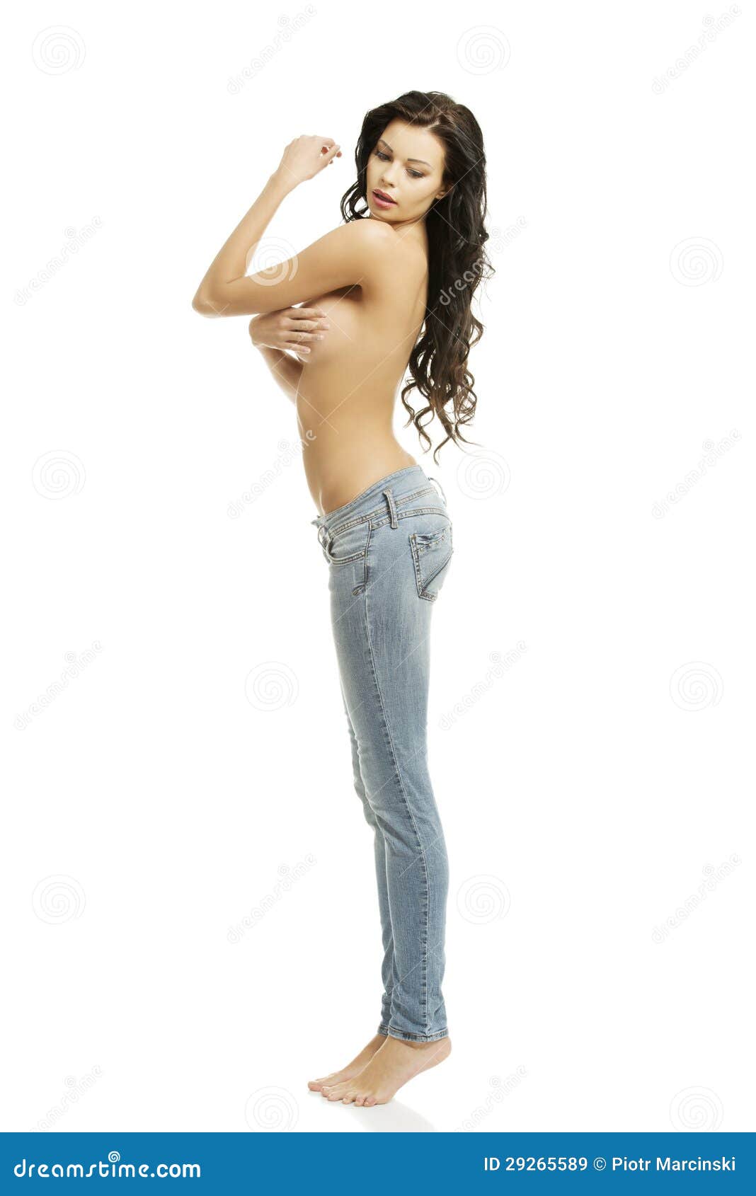 Beautiful women in blue jeans topless